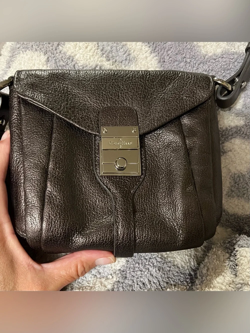 Cole Haan Dark Brown Pebbled Leather Crossbody with Silver Hardware